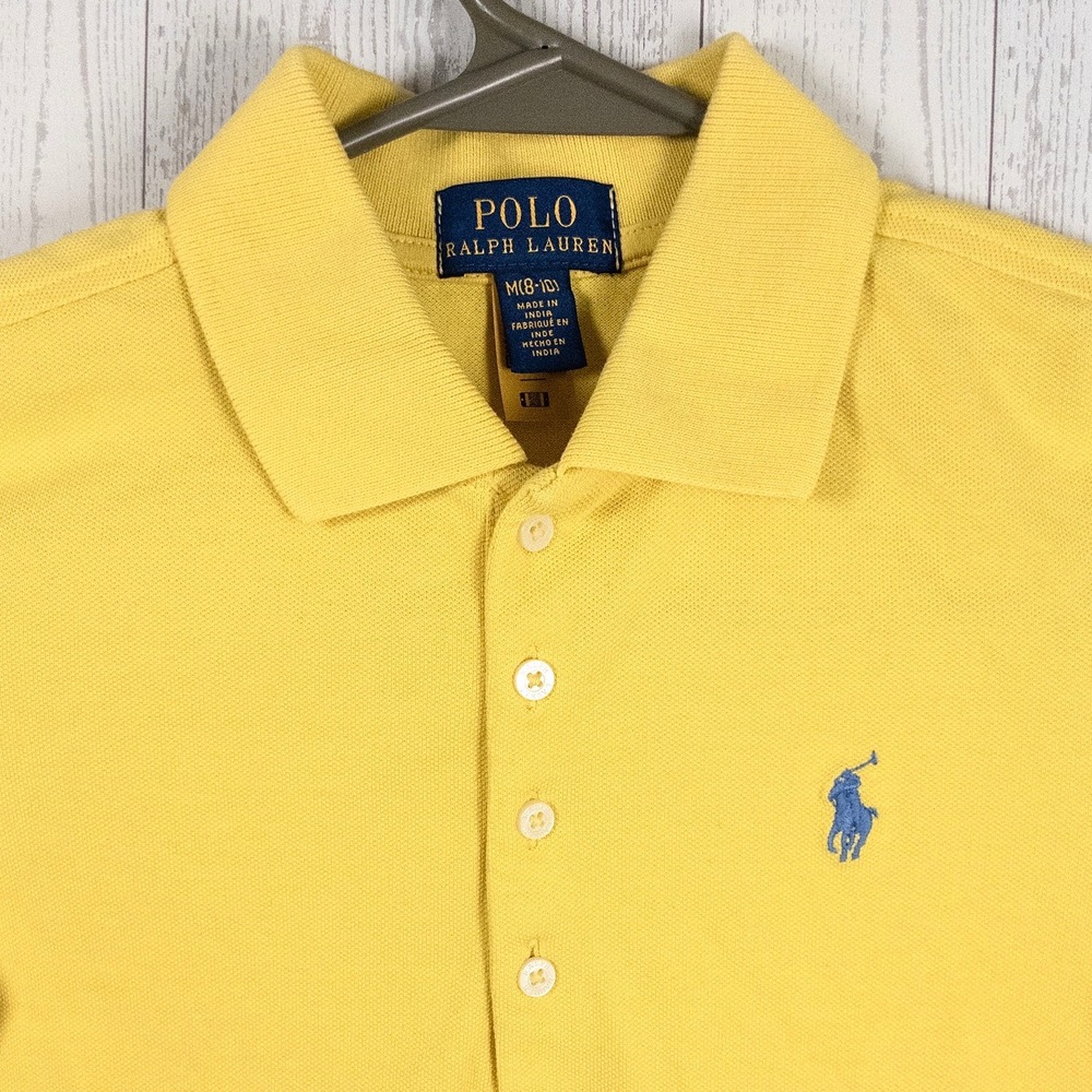 Polo Ralph Lauren Girls Polo Shirt Yellow Blue Pony Cotton Size M 8-10 Preppy - Picture 3 of 5